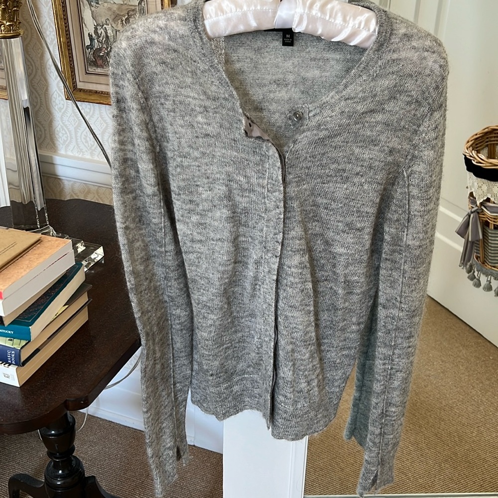 Gray mohair and nylon cardigan. Grosgrain ribbon placket.